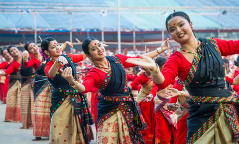 Participants dancing Bihu during Rongali Bihu Festival in Guwahati, Assam