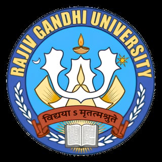 Ranji Gandhi University logo with trident, oil lamps, open book, and Sanskrit text on blue circular seal