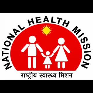 National Health Mission logo featuring a white family of four silhouettes under a sun on a red background with Hindi text below.