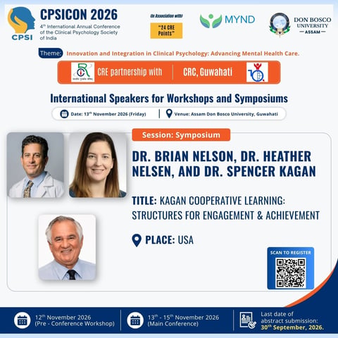 CPSICON 2026 conference poster featuring three speakers for a symposium on Kagan Cooperative Learning, with registration QR code.