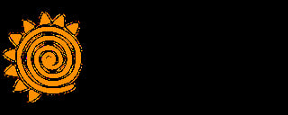 Orange spiral sun logo with pointed rays around the perimeter on black background