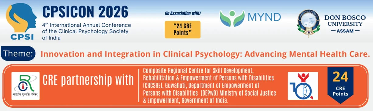 CPSICON 2026 conference header with theme Innovation and Integration in Clinical Psychology, featuring partner logos and 24-hour support information
