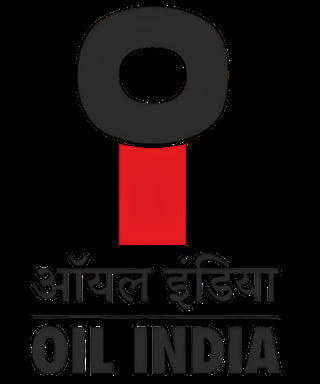 Oil India Limited company logo featuring a black ring above a red rectangle with Hindi and English text below