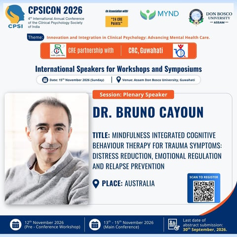 Conference speaker announcement for Dr. Bruno Cayoun presenting on mindfulness and trauma therapy at CPSICON 2026