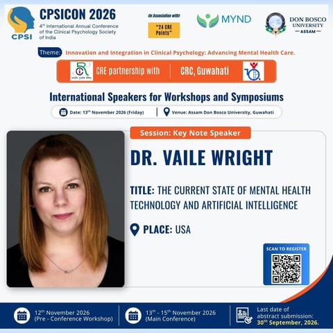 CPSICON 2026 conference speaker profile for Dr. Vaile Wright, keynote speaker on mental health technology and AI, from USA