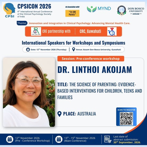 Conference speaker card for Dr. Linthoi Akoijam presenting on parenting interventions at CPSICON 2026 in Australia