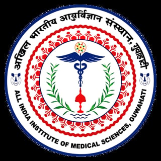AIIMS logo featuring a caduceus symbol surrounded by laurel wreaths and decorative borders in blue and red