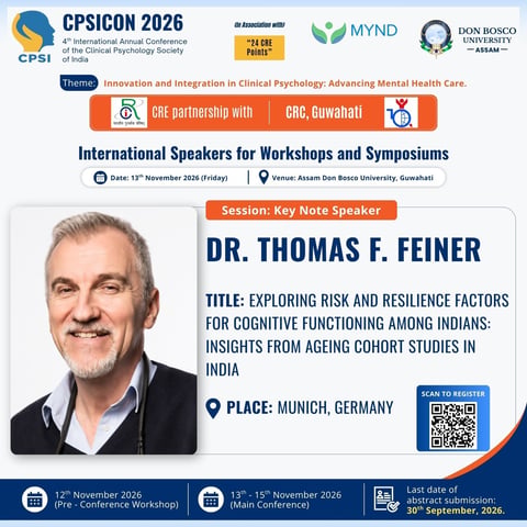 Conference speaker announcement for Dr. Thomas F. Feiner at CPSICON 2026, featuring his keynote on cognitive functioning research in India