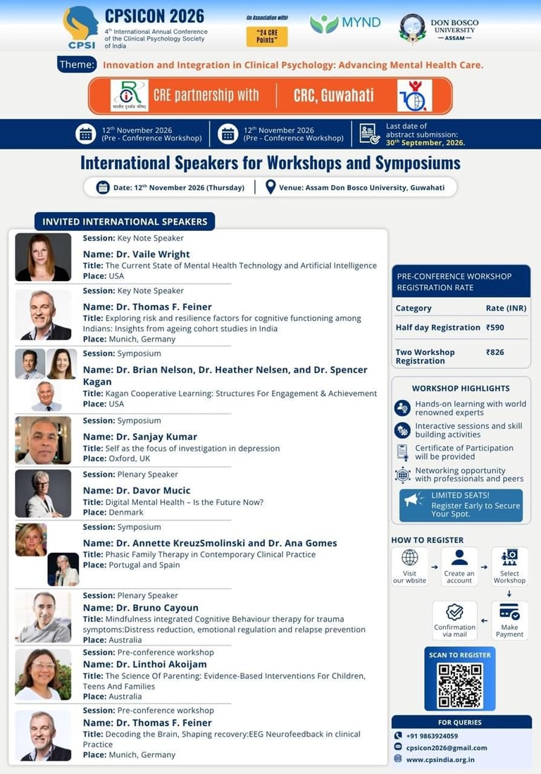 CPSICON 2026 conference flyer featuring invited international speakers for workshops and symposiums on clinical psychology and mental health care