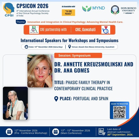 CPSICON 2026 conference flyer featuring speakers Dr. Annette Kreuzmolinski and Dr. Ana Gomes presenting on phasic family therapy in Portugal and Spain