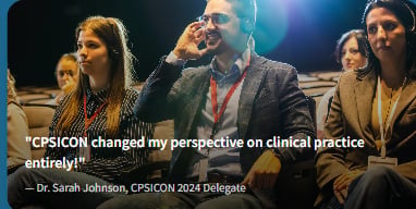 Group of conference attendees listening at CPSICON 2024 with Dr. Sarah Johnson quoted about the event changing her clinical practice perspective
