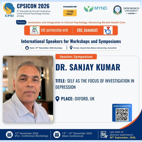Dr. Sanjay Kumar speaker profile card for CPSICON 2026 conference symposium on depression research in Oxford, UK